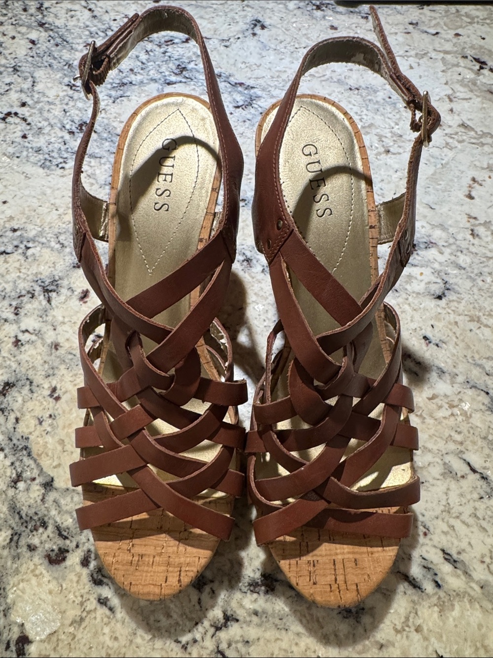 GUESS Brown Strappy Cork Wedge Sandals with Braided Upper